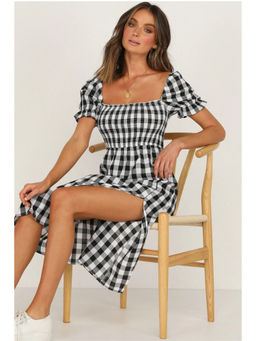 Oh Rare - Women Black Checked Square Neck Puff Sleeve Dress
