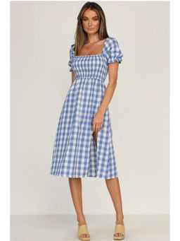 Oh Rare - Women Blue Checked Square Neck Puff Sleeve Dress