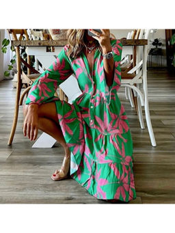 Oh Rare - Women Green Tropical Printed Fit-Flare Dress