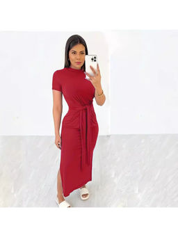 Oh Rare - Women Red Solid Round Neck Midi Dress