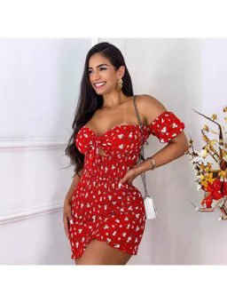 Oh Rare - Women Red Floral Printed Cut-Out Bodycon Dress
