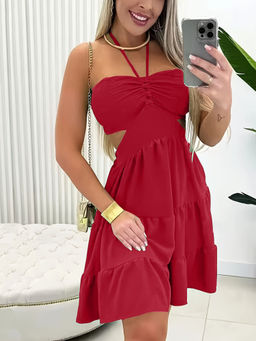 Oh Rare - Women Red Gathered Halter Neck Fit And Flare Dress