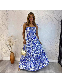 Oh Rare - Women Blue Floral Print Shoulder Straps Maxi Dress