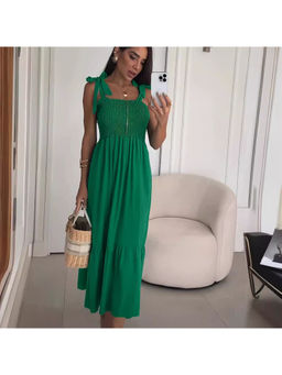 Oh Rare - Women Green Square Neck Smocked Maxi Dress