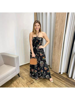 Oh Rare - Women Black Floral Print Halter Neck Maxi Dress