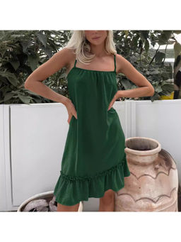 Oh Rare - Women Green Solid Black A-Line Flounce Hem Dress