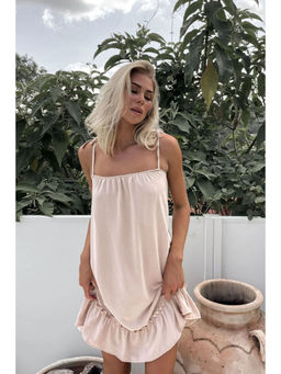 Oh Rare - Women Beige Solid Black A-Line Flounce Hem Dress