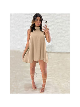 Oh Rare - Women Beige Solid Halter Neck Backless A-Line Mini Dress