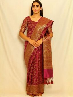DESIGN ELEMENTS - Women Pink Silk Woven Saree with Stitched Blouse