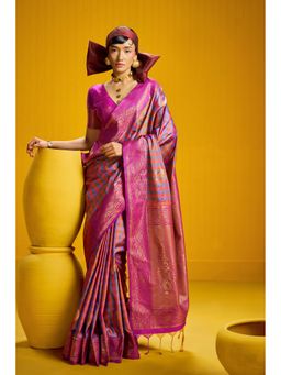 Mysilklove - Rebecca Purple Banarasi Two Tone Checks Handloom Saree with Unstitched Blouse