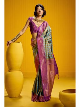 Mysilklove - Slate Blue Banarasi Two Tone Checks Handloom Saree with Unstitched Blouse