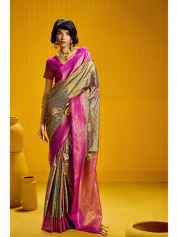 Mysilklove - Emerald Teal Banarasi Two Tone Checks Handloom Saree with Unstitched Blouse