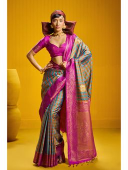 Mysilklove - Aqua Blue Banarasi Two Tone Checks Handloom Saree with Unstitched Blouse