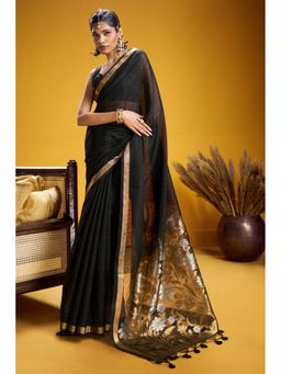 Mysilklove - Black Munga Handloom Cotton Saree with Unstitched Blouse