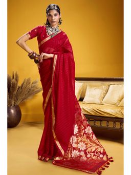 Mysilklove - Imperial Red Munga Handloom Cotton Saree with Unstitched Blouse