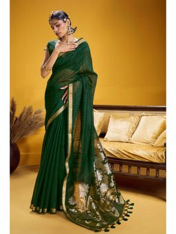 Mysilklove - Dark Green Munga Handloom Cotton Saree with Unstitched Blouse