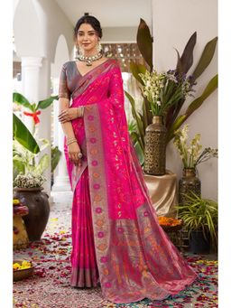 Mysilklove - China Rose Pink Banarasi Woven Soft Silk Saree with Unstitched Blouse