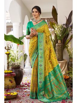 Mysilklove - Trombone Yellow Banarasi Woven Soft Silk Saree with Unstitched Blouse