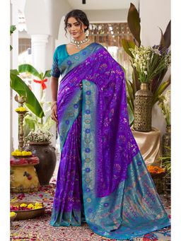 Mysilklove - Heliotrope Purple Banarasi Woven Soft Silk Saree with Unstitched Blouse