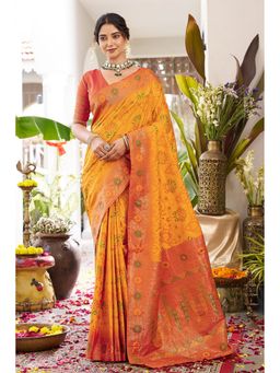 Mysilklove - Mustard Banarasi Woven Soft Silk Saree with Unstitched Blouse
