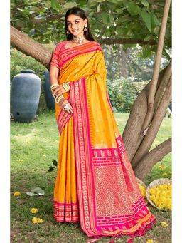 Mysilklove - Arylide Yellow Banarasi Woven Soft Silk Saree with Unstitched Blouse