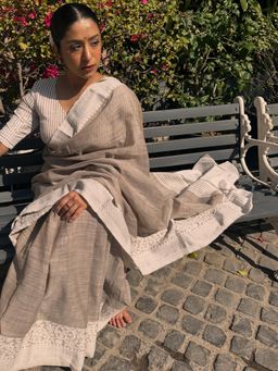 Mysilklove - Peanut Light Brown Woven Linen Saree with Unstitched Blouse