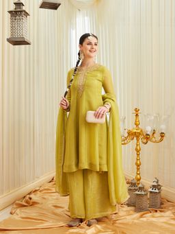 MOKOSH - Green Women Silk Embroidered Handwork Kurta with Palazzo and Dupatta