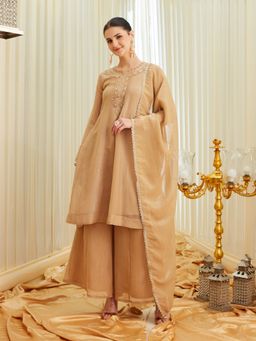 MOKOSH - Off White Women Silk Embroidered Handwork Kurta with Palazzo and Dupatta