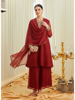 MOKOSH - Red Women Silk Embroidered Handwork Kurta with Palazzo and Dupatta