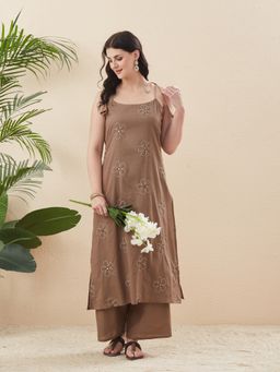MOKOSH - Beige Women Cotton Embroidered Mirrorwork Kurta with Palazzo