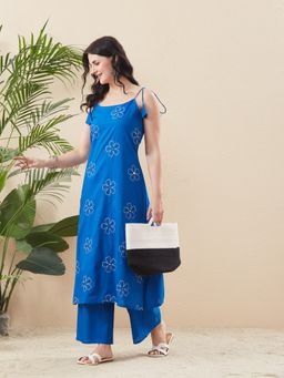 MOKOSH - Blue Women Cotton Embroidered Mirrorwork Kurta with Palazzo