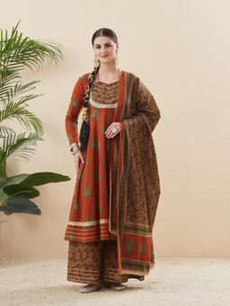 MOKOSH - Rust Women Cotton Printed Anarkali Kurta and Sharara with Dupatta
