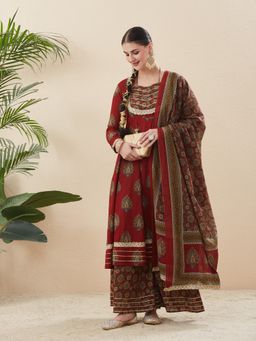 MOKOSH - Maroon Women Cotton Printed Anarkali Kurta and Sharara with Dupatta