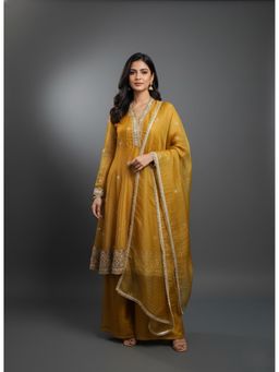 MOKOSH - Mustard Women Silk Embroidered Mirrorwork Kurta and Palazzo with Dupatta