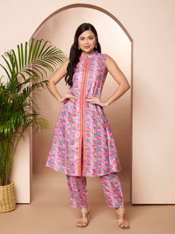 Ahalyaa - Grey Women Floral Printed Panelled Kurta with Pant