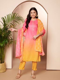 Ahalyaa - Pink Women Ombre Dyed Regular Gotta Patti Kurta and Pant with Dupatta