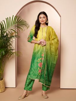 Ahalyaa - Green Women Bandhani Dyed Regular Gotta Patti Kurta and Pant with Dupatta