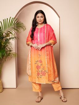 Ahalyaa - Orange Women Bandhani Dyed Regular Gotta Patti Kurta and Pant with Dupatta