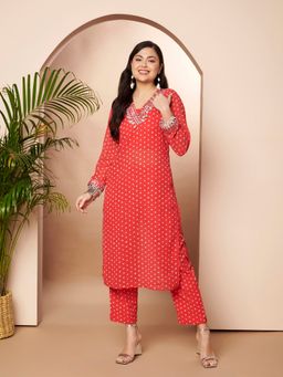 Ahalyaa - Red Women Printed Regular Mirror Work Kurta and Pant with Camisole