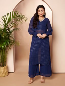 Ahalyaa - Navy Blue Women Ethnic Motifs Printed Thread Work Kurta and Palazzo with Camisole
