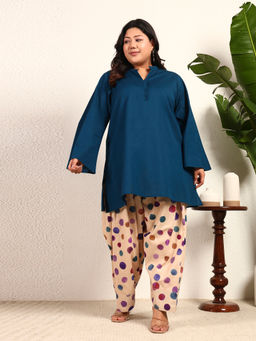 Deebaco - Plus Size Women Teal Blue Cotton Flex Solid Kurta and Polka Dot Print Salwar