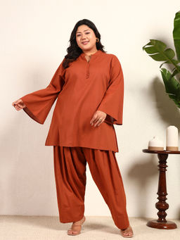 Deebaco - Plus Size Women Brown Cotton Flex Mandarin Collar Solid Kurta and Salwar
