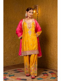 Urban Sundari - Silk Yellow Embroidered Kurta and Pant with Dupatta