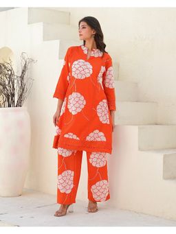 Label Madhuri Thakkar - Orange Coral Charm Lace Premium Cotton A Line Co-Ord Set