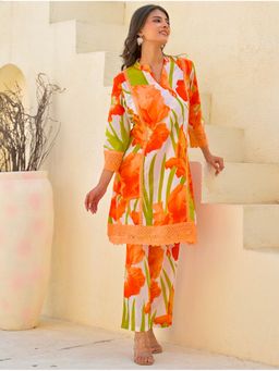 Label Madhuri Thakkar - Orange Citrus Garden Lace Premium Cotton A Line Co-Ord Set