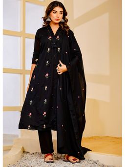 Label Madhuri Thakkar - Black Blossom Mul Cotton Threaded A Line Kurta and Pant with Dupatta