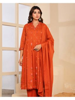 Label Madhuri Thakkar - Orange Rose Thread work Mul Cotton A Line Kurta and Pant with Dupatta