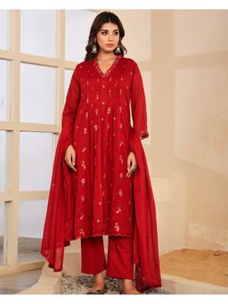 Label Madhuri Thakkar - Maroon Rose Thread work Mul Cotton A Line Kurta and Pant with Dupatta