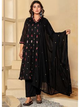 Label Madhuri Thakkar - Black Rose Thread work Mul Cotton A Line Kurta and Pant with Dupatta