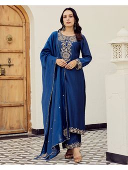 Label Madhuri Thakkar - Blue Azure Grace Mul Chanderi Handwork Kurta and Pant with Dupatta